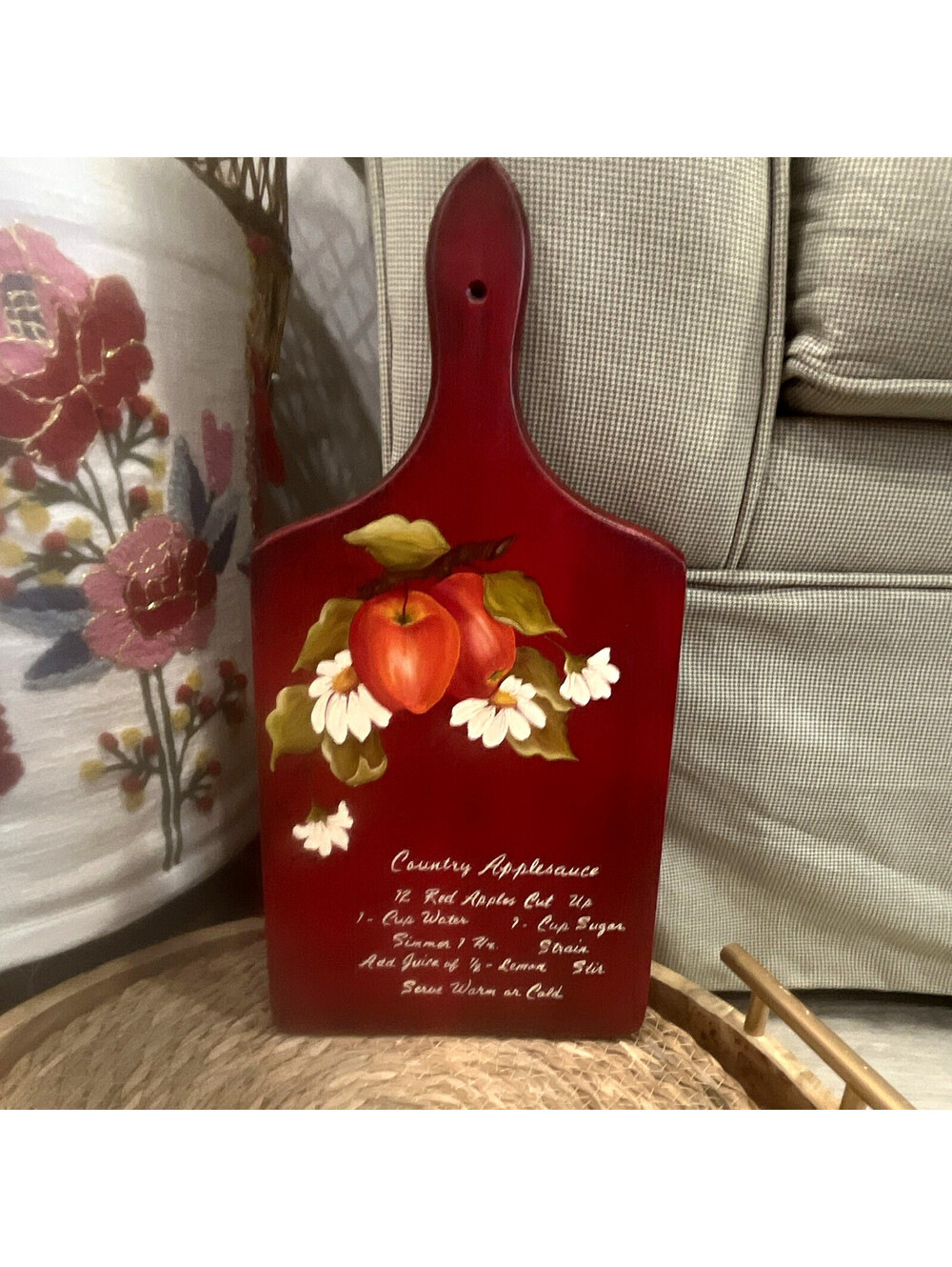 Red Floral Wood Paddle Cutting Board w/ Hanging Hole, "Country Applesauce" 7x12"